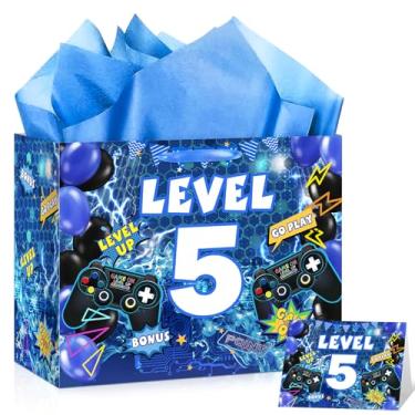 Imagem de Sacos de presente de 5º aniversário para videogame, azul, 5º aniversário, bolsa de embrulho com alça Swith para jogos de nível acima, 5 sacolas com papel de seda e cartão comemorativo para meninos e