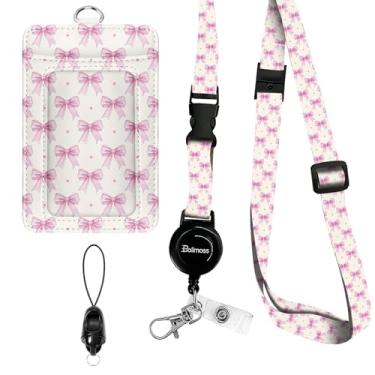 Imagem de bolimoss Porta-crachás de laço rosa, bonito couro PU, cartão de identificação, com alça removível para pescoço e carretel de crachá retrátil, fivela resistente para carteira de chaves