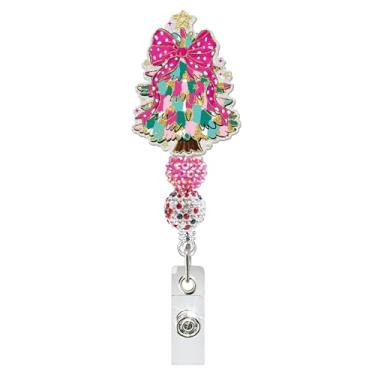 Imagem de Carretel retrátil de crachá de árvore de Natal com laço rosa com miçanga brilhante árvore de Natal carretel de acrílico para crachá de identificação engraçado acessórios de trabalho presente para