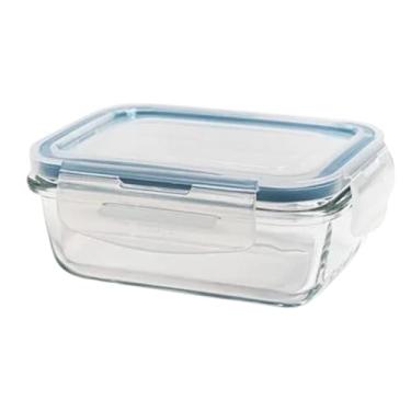 Imagem de " Pote de Vidro 370 ml Retangular Hermético Para Marmita Papinha Comida Fitnes Alimentos Pratico Com Travas Anti Vazamento BPA Free Resistente a Calor Frio Próprio Para Micro-Ondas e Forno "