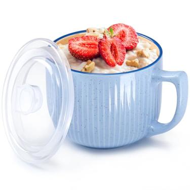 Imagem de NUTRIUPS Tigelas de sopa de cerâmica com alças Canecas de sopa de 850 g com tampa para macarrão, cereal, aveia, ramen (azul marinho)