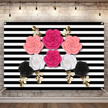 Imagem de Juinte Cenários fotográficos com listras brancas e pretas de 2,1 x 1,5 m e decorações de flores de papel 3D grandes para parede com folhas douradas para decoração de festa de casamento festiva