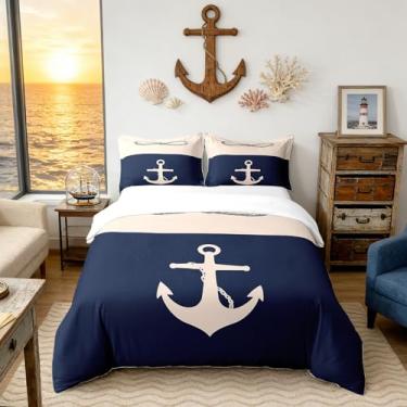 Imagem de Capa de edredom com tema náutico 100% algodão, Queen, 3 peças, silhueta de âncora, retrô, corda de veleiro, conjunto de cama para crianças, adolescentes e adultos, simples, azul marinho, bege, xadrez
