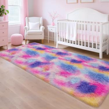 Imagem de TENNOLA Tapete de pelúcia tingido de arco-íris rosa 0,9 x 3 m, tapete felpudo de pelúcia, tapete de cabeceira macio e fofo, para quarto, sala de estar, corredor, berçário, crianças, unicórnio,