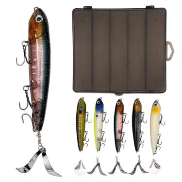 Imagem de MSIZNX Kit de iscas de pesca Whopper Plopper - 5 iscas + 5 lâminas em caixa de plástico, ajustável para isca de caminhada ou ação de trator de superfície. Presentes de pesca para homens visando lúcio