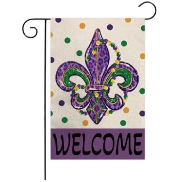 Imagem de Bandeira de jardim de carnaval 30,5 x 45,7 cm, serapilheira dupla face vertical, bolinhas bem-vindas, flor-de-lis, carnaval, para decoração ao ar livre