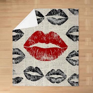 Imagem de Manfei Cobertor de flanela vintage para crianças, cobertor retrô moderno beijo feminino, moda estética, decoração de sofá para meninas, meninos, cinza, vermelho, preto, tamanho da manta (127 x 152 cm)