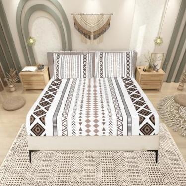 Imagem de Manfei Jogo de cama boho asteca tribal geométrico losango, linha moderna, decoração de quarto, marrom e branco, para meninas, meninos, lençol com elástico, sem cima, casal