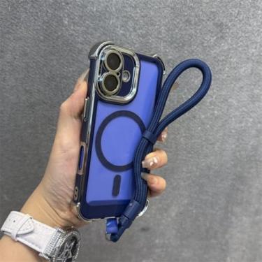 Imagem de Capa com cordão bicolor para iPhone 16 15 14 17 Pro Max Plus Air 12 13 11, alça de pulso com airbag, capa transparente (para iPhone 14/Azul GS)