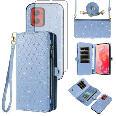 Imagem de Capa de celular para Motorola Moto G Stylus 5G 2024 com zíper carteira destacável com protetor de tela de vidro temperado alça transversal alça flip glitter porta-cartão slot G5 mulheres homens azul