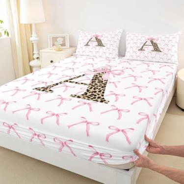 Imagem de Jogo de lençol Queen com estampa de leopardo com estampa de alfabeto, estampa A, princesa, guepardo, para meninos e meninas, decoração de quarto com laço Y2K, rosa e branco, 2 fronhas (não planas)