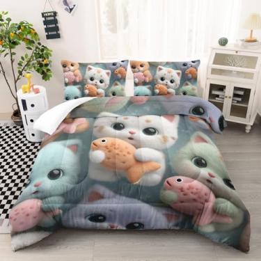 Imagem de AILONEN Jogo de cama infantil kawaii, tamanho solteiro, 3 peças, colorido, gatinho e peixe, para meninos e meninas, desenho 3D, com tema de animais de estimação, edredom com 2 fronhas