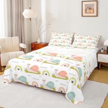 Imagem de Homewish Jogo de lençol solteiro com desenho animado de caracol, arco-íris, 3 peças, para decoração de quarto de crianças, meninas, meninos, adolescentes, natureza, primavera, animais, lençol de cima