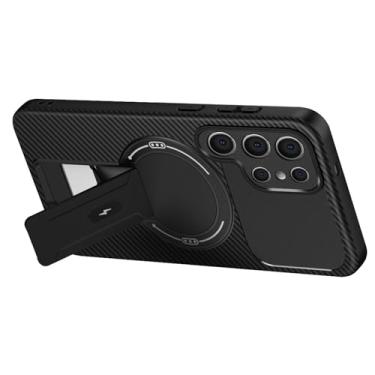 Imagem de LTLMYDAM Capa fina para Samsung Galaxy S25 Ultra/S25 Plus/S25, textura de fibra de carbono, capa magnética com suporte ajustável, proteção contra choque, preta, S25