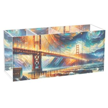 Imagem de TSENQUE Golden Gate Bridge Starry Night Cute Desk Pen Holder Art Acrylic Craft Caddy Personalizado Papelaria Porta-copos Estética Escritório Estética Armazenamento de mesa, 20 cm x 6,3 cm x 9 cm
