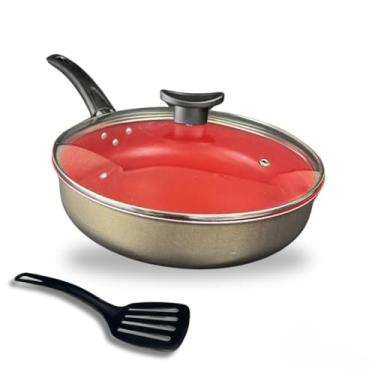 Imagem de Frigideira Alta 18 cm Antiaderente Teflon com Tampa de Vidro e Espátula Cor Grafite e Vermelho