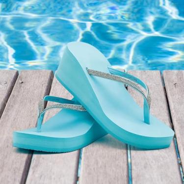 Imagem de Sandálias femininas com strass, chinelos, plataforma, chinelos de cunha, sapatos de casamento, caminhada na praia, Azul claro, 36