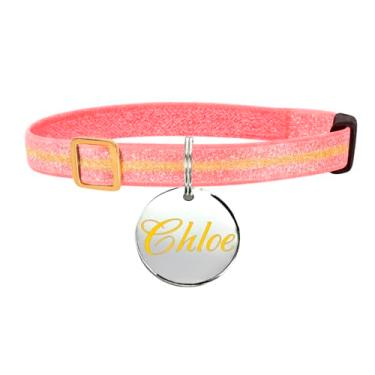 Imagem de Coleira Elástica para Gatos e Cães Pequenos Brilho Dourado com Plaqueta de Identificação Aço Inox e Personalizável (ROSA)