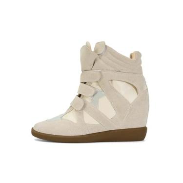 Imagem de WJZDSJCO Tênis feminino de salto alto, salto alto, plataforma, bico redondo, faixa de tiras triplas, casual, vintage, moda, elegante, confortável, moderno, retrô, moderno, Bege, 37