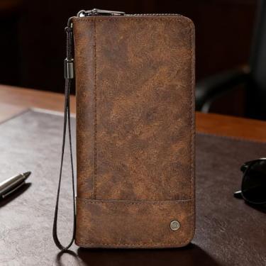 Imagem de Carteira masculina leve de microfibra, marrom claro, vários compartimentos, estampa de verificação de pressão, design moderno marrom claro com vários compartimentos com encaixe, padrão xadrez