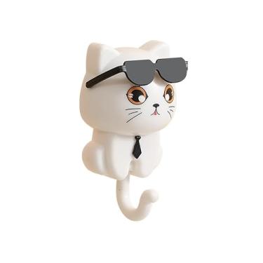 Imagem de Gancho de parede adesivo de desenho animado, porta-chaves de gato fofo, cabides resistentes, suporte de parede para guarda-chuva, toalha, capa, casaco, bolsa, suporte de decoração de animais
