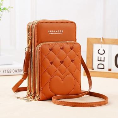 Imagem de Bolsa tiracolo pequena com bordado Love para mulheres, bolsa feminina para celular, mini carteira de ombro com alça de ombro removível, Marrom, Small
