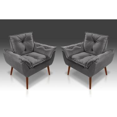 Imagem de Kit 02 Poltrona Opala+ 2 Almofadas Com Fibra Siliconada Suede Cinza Es