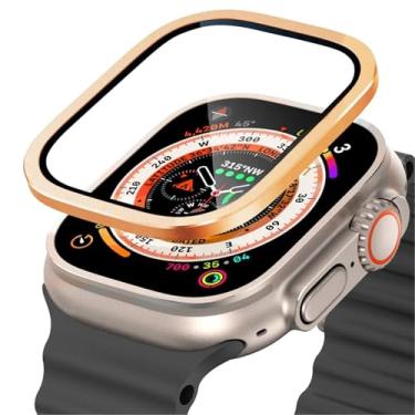 Imagem de HEPUP Vidro temperado para apple watch ultra 49mm, armação de metal de titânio, película anti-arranhões para série ultra 2, acessórios protetores de tela(Gold 3)