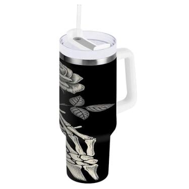Imagem de SEHANY Copo Skull Gothic de 1,134 g com alça, copo isolado de aço inoxidável de parede dupla, à prova de vazamento, caneca de café isolada para viagem, cabe no suporte de copo de carro
