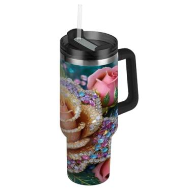 Imagem de ATTX Copo rosa com glitter diamante de 1,134 g com alça, copo de aço inoxidável a vácuo de parede dupla com palha, caneca de café de viagem isolada #314