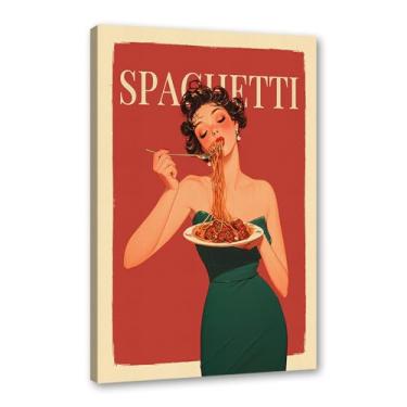 Imagem de Pôster Vintage Italian Foods Mulher Comendo Espaguete Pôsteres Ilustração Arte Pintura em Tela Impressão Massa Comida Cozinha Decoração de Parede (SKU2,12 x 45,7 cm = (30 x 45 cm), Emoldurado (Tela