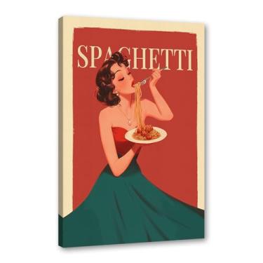 Imagem de Pôster Vintage Italian Foods Mulher Comendo Espaguete Pôsteres Ilustração Arte Pintura em Tela Impressão Massa Comida Cozinha Decoração de Parede (SKU3,12 x 40,6 cm = (30 x 40 cm), Emoldurado (Tela