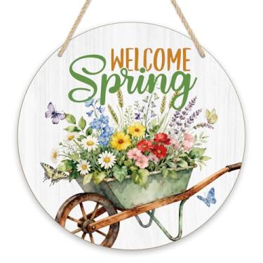 Imagem de Placa de boas-vindas para porta da frente, carrinho de mão floral, placas redondas de madeira para pendurar, sinal de portas suspensas de mola, quintal, varanda, parede, janela, decoração de casa