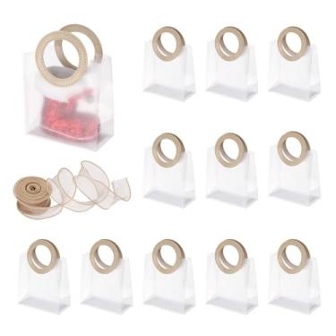 Imagem de PATIKIL Sacos de presente transparentes reutilizáveis com alça e fita, 12 peças de sacolas de plástico para doces e doces para festa de celebração do festival de aniversário de casamento, ouro (16 cm