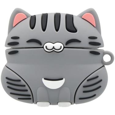 Imagem de Capa MC Fashion para AirPods 4, linda capa de silicone 3D Ginger Cat à prova de choque com mosquetão compatível com AirPods 4th (2024) (cinza)