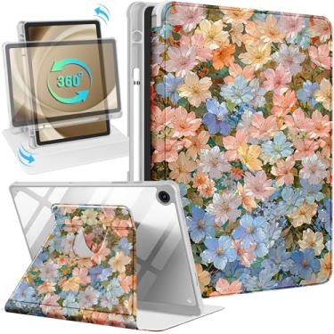 Imagem de Uppuppy Capa para Samsung Galaxy Tab A9+ - Capa inteligente com suporte giratório 360 com suporte para lápis para mulheres e meninas, lindas flores para tablet Samsung A9 Plus de 11 polegadas, SM-X210