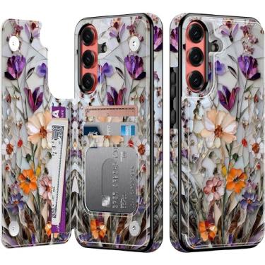 Imagem de Goodon Capa carteira para Samsung Galaxy S25 com suporte para cartão, bloqueio RFID, capa floral vintage estética, capa protetora retrô moderna exclusiva para mulheres e meninas - flores prensadas em
