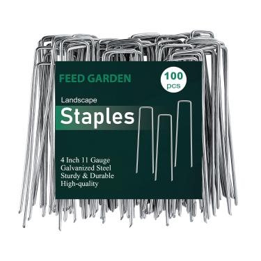 Imagem de FEED GARDEN Grampos de paisagem galvanizados a quente de 10 cm, estacas de jardim antiferrugem de calibre 11, pacote com 100