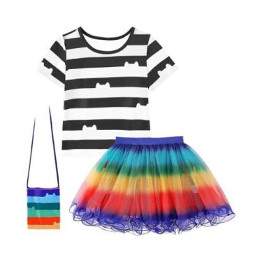 Imagem de Conjunto De Camiseta Listrada Preta E Branca Com Saia Arco-Íris Para M