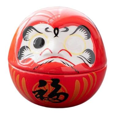 Imagem de IEUDNS Pequena boneca Daruma de cerâmica, miniatura japonesa, escultura artística de boa sorte e votos de felicidades, decoração Dharma para bar e café no, Vermelho