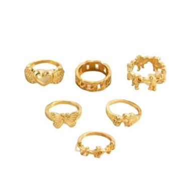 Imagem de Anel Kit 6 Peças Dourado Borboleta Mascara Coração Asas
