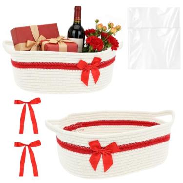 Imagem de Cesta de presente vazia com fitas, gravata borboleta e bolsa, 37 x 24,5 x 14 cm, caixa decorativa vazia para o dia dos namorados, armazenamento de cesta de corda com alça para batismos de bebês, dia