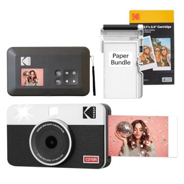 Imagem de Kodak Mini Shot 2 Retro - Câmera Instantânea e Impressora Fotográfica 2 em 1 (60 folhas), foto 5,3 x 8,6cm, compatível iOS e Android, Bluetooth, 4PASS alta definição e acabamento laminado - Branca