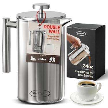Imagem de SterlingPro Cafeteira French Press (1L) - Prensa de café grande de parede dupla com 2 filtros extras - Desfrute de café sem grânulos, acessório de cozinha elegante sem ferrugem - aço inoxidável