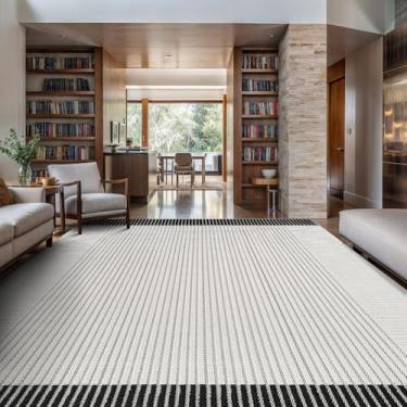 Imagem de LuuL Home Tapetes modernos de micro laço para área interna para sala de estar, quarto, cozinha, geométrico, listrado, preto-branco, 15,8 x 23,5 cm, luxuoso, durável, pilha baixa e alta, sem