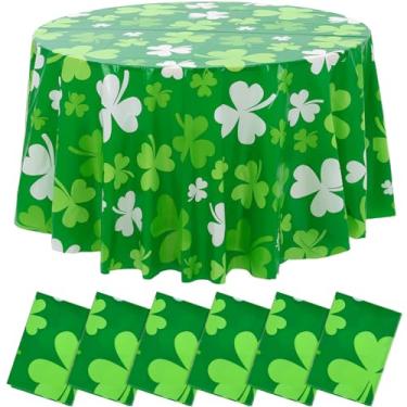 Imagem de Hahafelt 6 peças de toalha de mesa redonda de plástico para Dia de São Patrício, 203 cm, trevo verde, toalha de mesa circular, trevo da sorte, para decoração de festa de aniversário e piquenique no