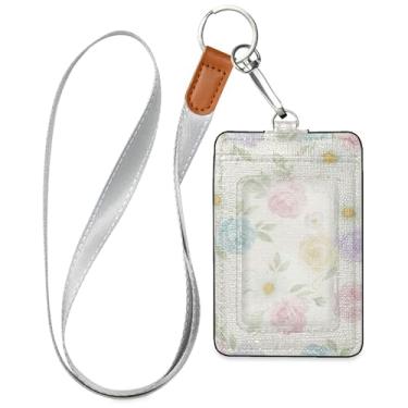 Imagem de Burbuja Porta-crachá de couro com cordão, etiqueta de identificação de flores com 1 janela transparente para identidade e 2 compartimentos para cartão para escritório, enfermeira, professor, médico