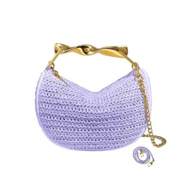 Imagem de Bolsa tiracolo feminina de palha com design de alça superior dourada bolsa clutch mini bolsa de praia de verão com 2 alças de ombro, Roxa