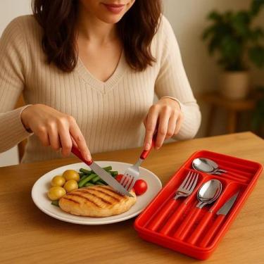 Imagem de Jogo Faqueiro 25 Peças Garfo Talheres Vermelha Organizador Gaveta Colh