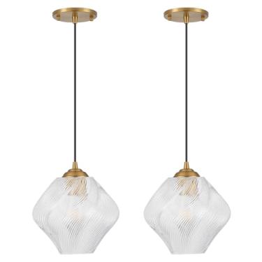 Imagem de FEAZAC Luminárias pendentes de vidro, luzes de teto modernas de meados do século com altura ajustável, iluminação pendente de latão dourado para ilha de cozinha, corredor, sala de jantar, quarto